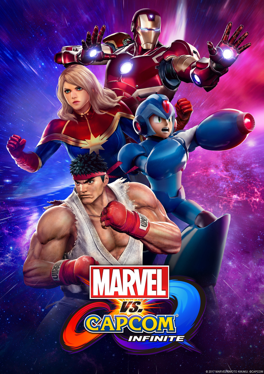 3boys absurdres arm_cannon black_hair blonde_hair capcom captain_marvel carol_danvers copyright_name dougi fighting_stance headband helmet highres iron_man logo marvel marvel_vs._capcom marvel_vs._capcom_infinite multiple_boys muscle official_art power_armor rockman rockman_x ryuu_(street_fighter) street_fighter weapon x_(rockman)