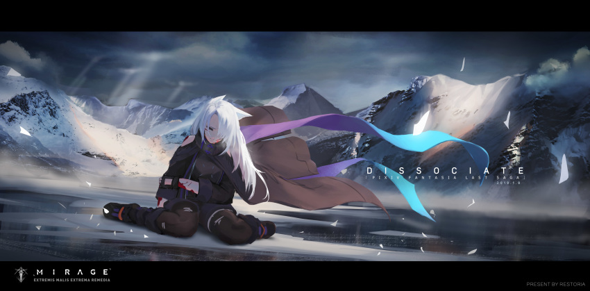 1girl absurdres animal_ears artist_name black_cape black_footwear black_gloves black_jacket black_jumpsuit blood brown_cape brown_legwear cape cloud cloudy_sky commentary dated fingerless_gloves gloves gradient gradient_cape highres ice jacket jumpsuit letterboxed long_hair long_sleeves mountain outdoors pixiv_fantasia pixiv_fantasia_1 pixiv_fantasia_last_saga shoes short_jumpsuit single_pantyhose single_thighhigh sitting sky solo storia thighhighs wariza white_hair