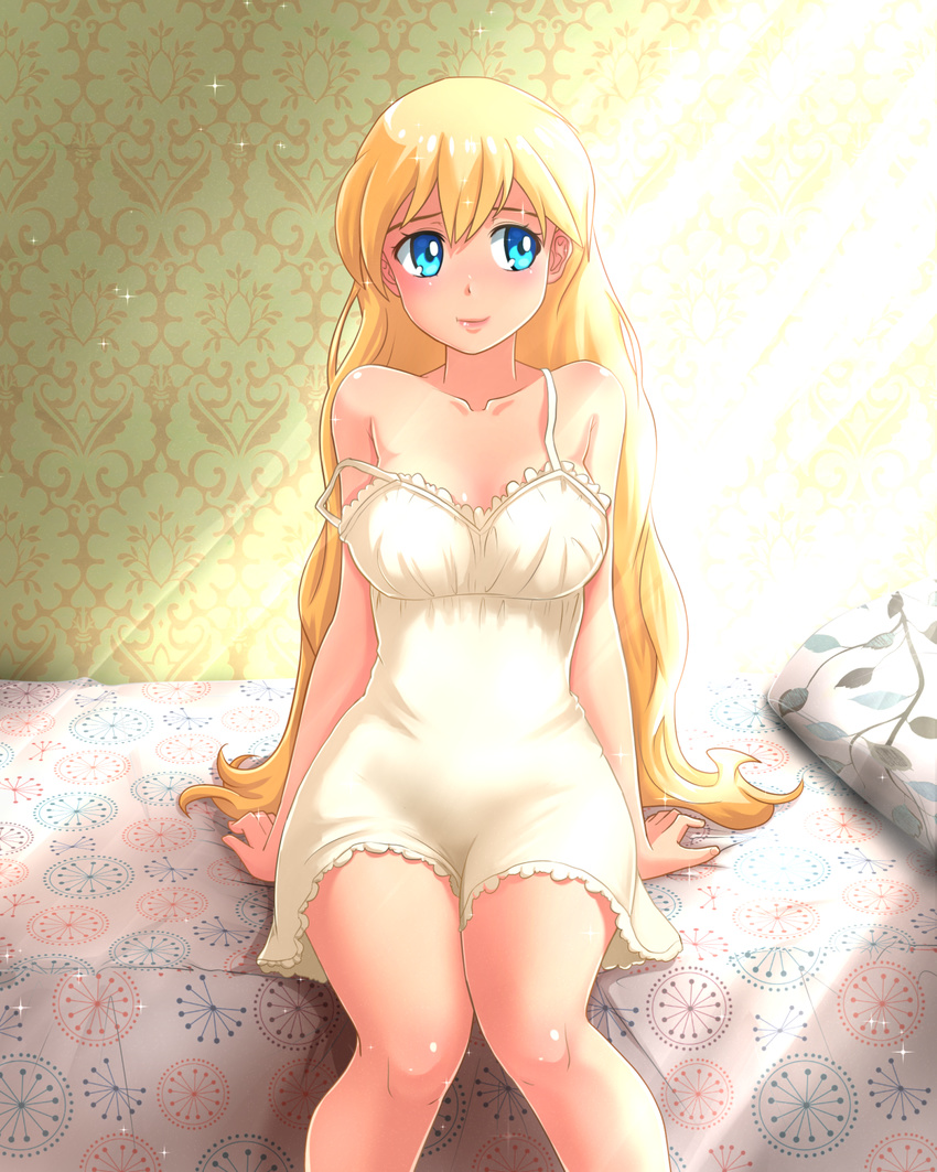 bare_shoulders bed blonde_hair blue_eyes collarbone dress everlasting_summer highres huyase long_hair nightgown sitting slavya-chan sleepwear smile solo strap_slip sunlight