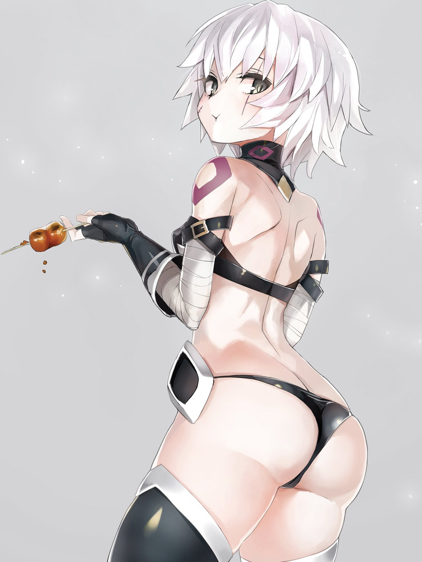 :t arched_back arm_belt ass back bandaged_arm bandages bangs bare_back bare_shoulders bikini black_bikini black_footwear black_gloves boots breasts buckle butt_crack closed_mouth commentary_request cowboy_shot dango detached_collar eating elbow_gloves facial_scar fate/grand_order fate_(series) fingerless_gloves food from_behind gloves green_eyes grey_background highres holding holding_food jack_the_ripper_(fate/apocrypha) scar scar_across_eye short_hair shoulder_blades shoulder_tattoo silver_hair simple_background small_breasts solo standing swimsuit taishi_(picchiridou) tattoo thigh_boots thighhighs tsurime wagashi