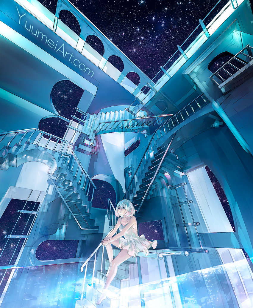 bare_shoulders barefoot blue_eyes dress highres m_c_escher original short_hair sitting sky soaking_feet solo star_(sky) starry_sky water watermark web_address wenqing_yan white_dress