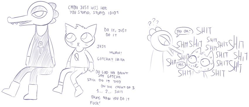 ? anthro bea_(nitw) cat clothed clothing comic crocodile crocodilian dialogue duo feline female haiku_oezu humor mae_(nitw) mammal nervous night_in_the_woods reptile scalie sweat whiskers wide_eyed