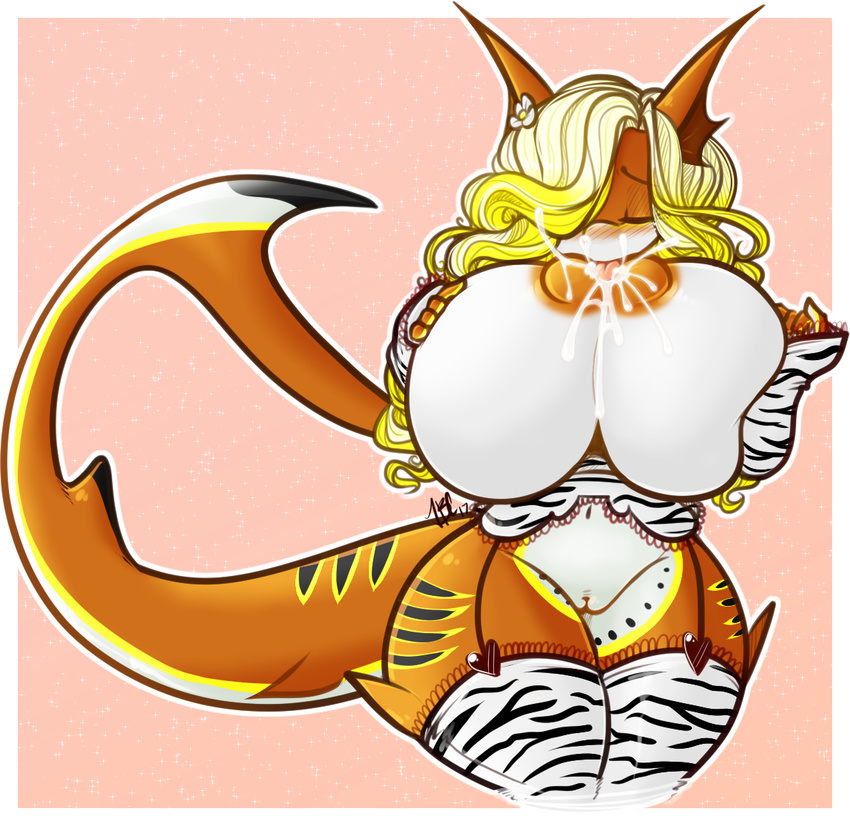 anthro areola big_breasts blonde_hair blush breasts butt clothing eyes_closed female fish flower gradient_background hair huge_breasts hyper hyper_breasts lactating legwear licking long_hair long_tail marine milk navel nipple_lick nipples orange_nipples plant pussy shark simple_background socks solo tehbuttercookie tongue tongue_out wide_hips