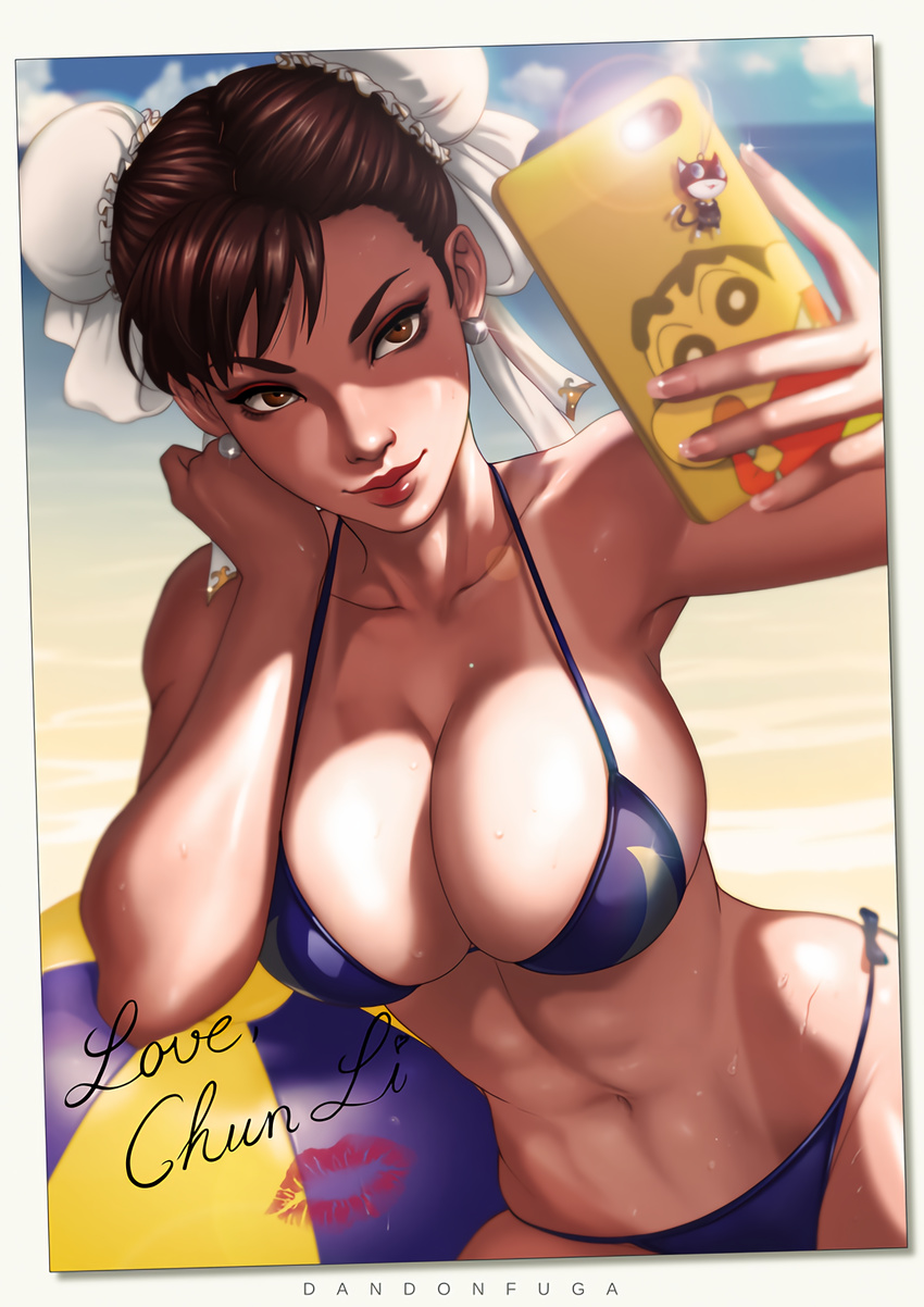 1girl abs artist_name beach bikini breasts brown_eyes brown_hair bun_cover capcom cellphone cellphone_charm chun-li crayon_shin-chan dandon_fuga double_bun earrings eyeshadow jewelry large_breasts light_smile lips lipstick_mark makeup midriff morgana_(persona_5) muscle navel persona persona_5 phone self_shot shin-chan street_fighter swimsuit