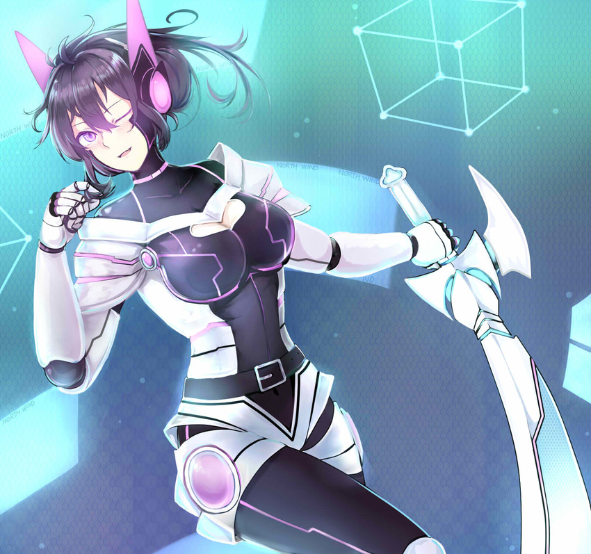 ;d ahoge armor backlighting bad_id bad_pixiv_id beifeng_han belt belt_buckle blush bodysuit breasts buckle cleavage cleavage_cutout collarbone covered_navel cube fang foreshortening glowing glowing_eye glowing_eyes hair_between_eyes hair_twirling headgear hexagon highres holding holding_sword holding_weapon honeycomb_(pattern) honeycomb_background leg_up long_hair looking_at_viewer medium_breasts miyaura_sanshio one_eye_closed open_mouth original outstretched_arm ponytail purple_eyes purple_hair shiny shiny_hair shoulder_pads skin_tight smile standing standing_on_one_leg sword unsheathed weapon