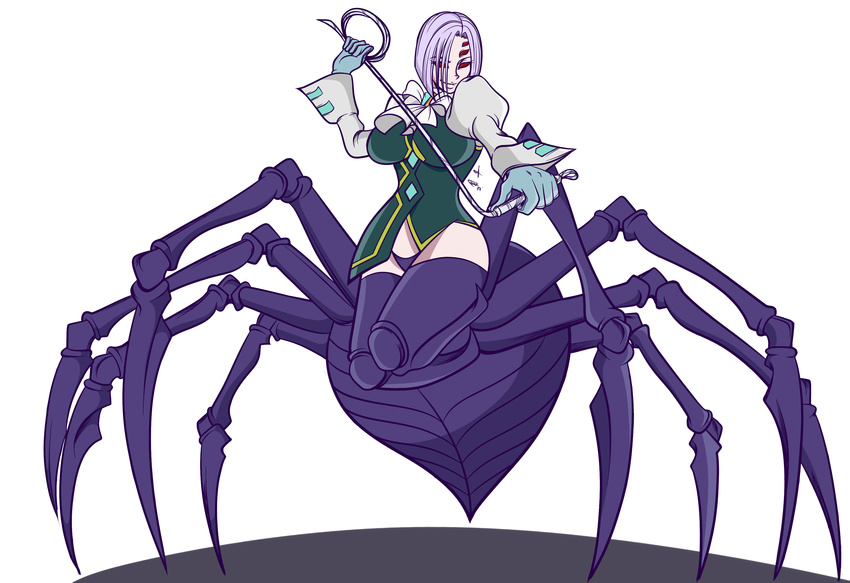 absurdres arachne breasts claws commentary cosplay crossover extra_eyes formal frank_araya gloves gyakuten_saiban highres insect_girl karuma_mei karuma_mei_(cosplay) large_breasts lavender_hair monster_girl monster_musume_no_iru_nichijou multiple_legs rachnera_arachnera red_eyes short_hair smile spider_girl suit whip