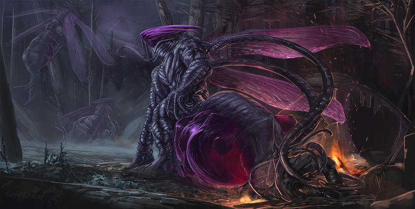 2017 4_fingers abdomen abdominal_bulge alien amalgamate_(themefinland) ambiguous_gender ambiguous_species anthro clothed clothing detailed_background fire flying forced forest goo_creature group hi_res insect_abdomen_pussy insect_wings long_tongue night nude outside purple_skin sequence tentacle_monster tentacles themefinland tongue translucent translucent_body translucent_wings tree unbirthing vore webbed_hands wings