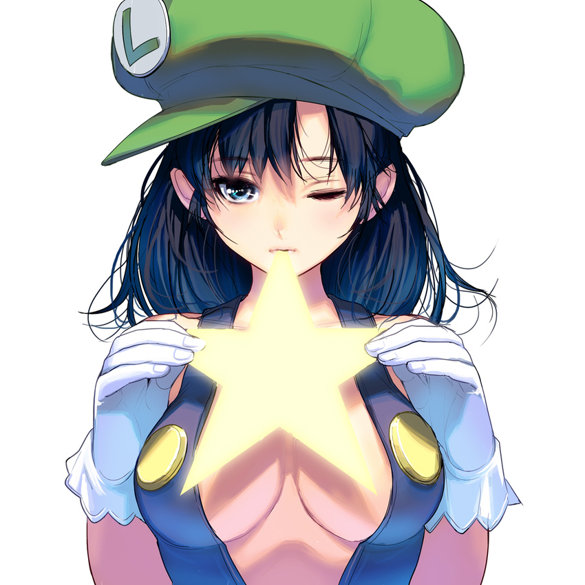 bangs black_hair blue_eyes breasts genderswap genderswap_(mtf) gloves green_hat hat highres large_breasts lips looking_at_viewer luigi mario_(series) masao naked_overalls one_eye_closed overalls short_hair simple_background solo star super_mario_bros. swept_bangs upper_body white_background white_gloves