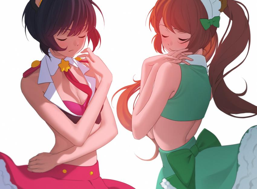 aconitea black_hair bow breasts brown_hair cleavage closed_eyes crop_top green_skirt hair_bow highres long_hair medium_breasts midriff multiple_girls pose red_skirt short_hair skirt sleeveless twintails yuri_kuma_arashi yurigasaki_lulu yurishiro_ginko