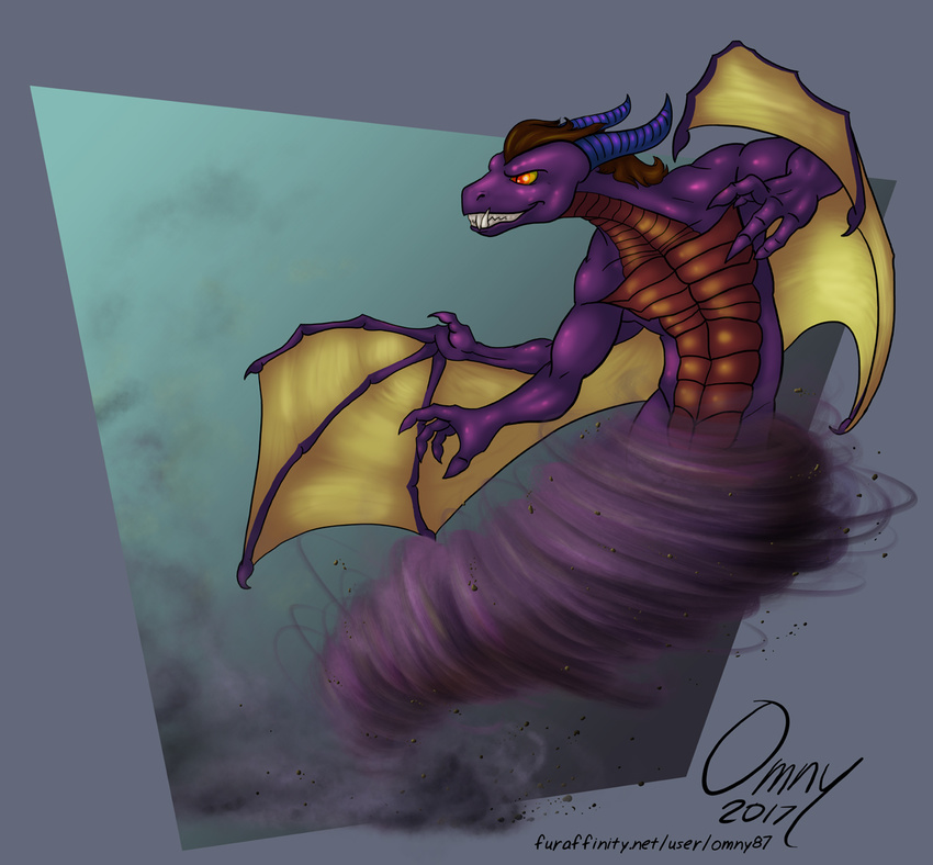 brown_hair clothed clothing dragon hair omny87 purple_skin simple_background topless tornado wings