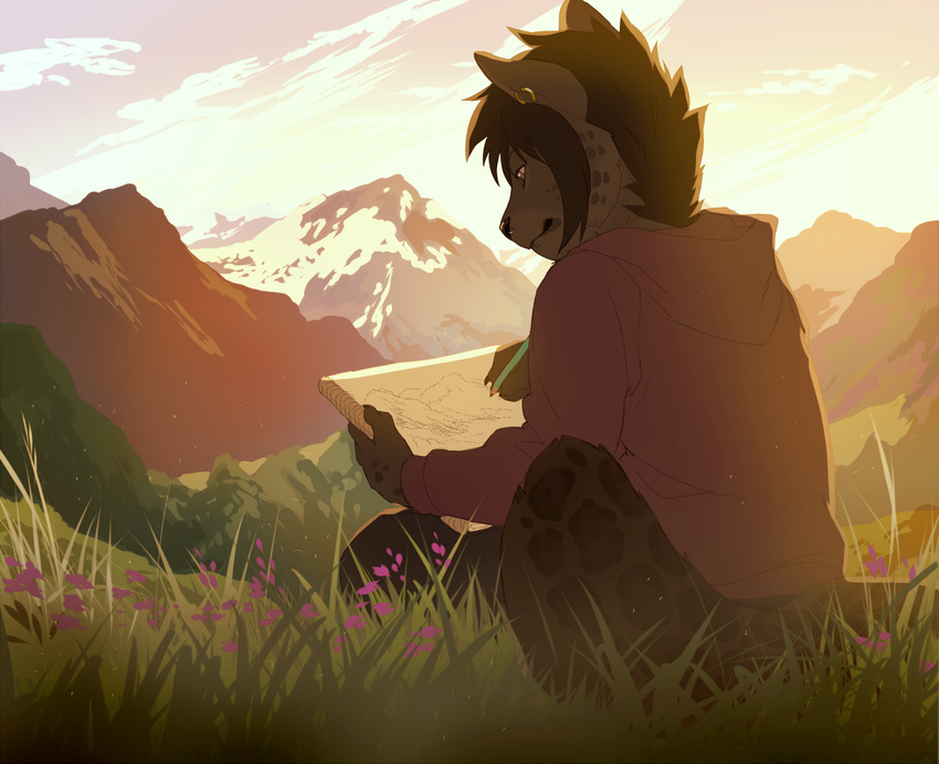 akitamonster anthro blakc_nose brown_fur brown_hair cat day detailed_background drawing feline fur grass hair hoding_object mammal mountain outside purple_eyes solo spots spotted_fur