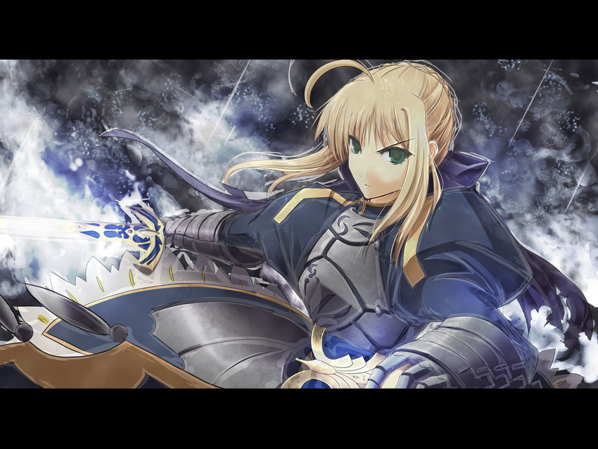 ahoge armor artoria_pendragon_(all) blonde_hair fate/stay_night fate_(series) gauntlets green_eyes highres letterboxed long_sleeves looking_at_viewer saber satomi solo sword weapon