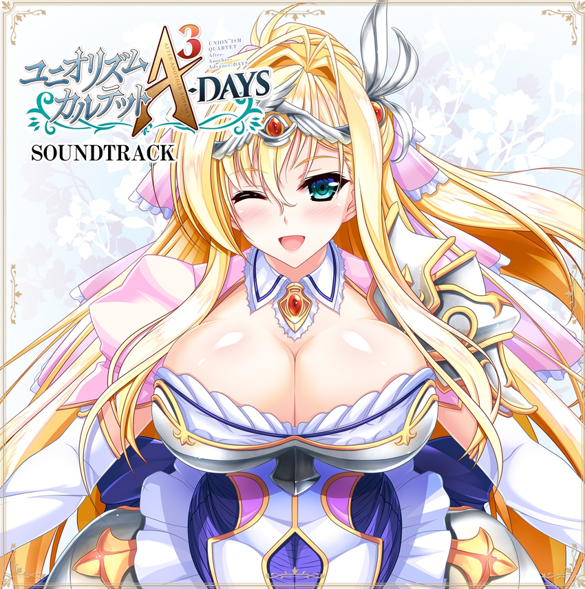 amasaka_takashi armor armored_dress bangs blonde_hair blush breasts cleavage detached_collar dress elbow_gloves eyebrows_visible_through_hair faulds frills gem gloves green_eyes hair_ornament highres jewelry large_breasts logo long_hair looking_at_viewer non-web_source official_art one_eye_closed smile solo tiara unionism_quartet unionism_quartet_a-3_days upper_body very_long_hair yurifina_sol_ereanoruto