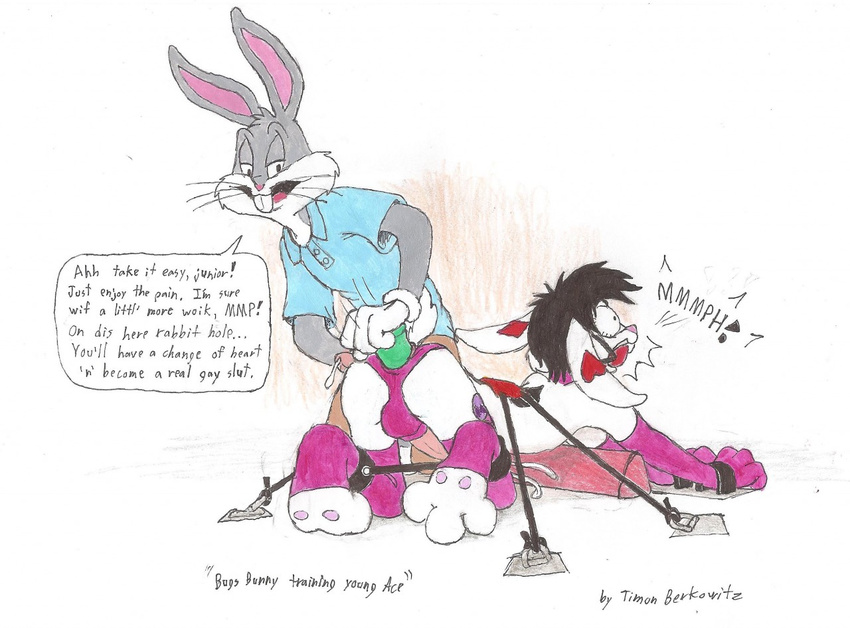 anal ball_gag bdsm bugs_bunny bulge dildo forced gag lagomorph looney_tunes mammal paws penis rabbit sex_toy text timon-berkowitz warner_brothers