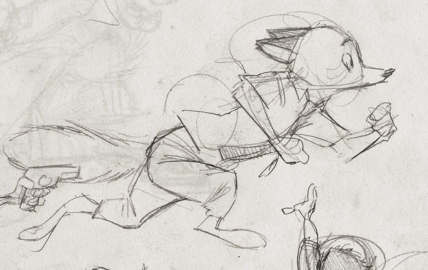 2017 anthro barefoot black_and_white canine clothed clothing disney fox group gun handgun holding_object holding_weapon male mammal monochrome monoflax necktie nick_wilde pistol ranged_weapon running side_view simple_background sketch solo_focus traditional_media_(artwork) weapon white_background zootopia