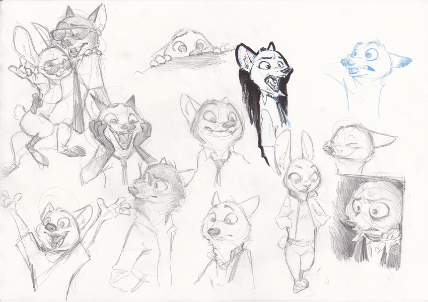 2017 anthro barefoot canine clothed clothing collar disney eyewear female fox group hands_in_pockets judy_hopps lagomorph male mammal monoflax necktie nick_wilde open_mouth open_smile rabbit shock_collar simple_background sketch sketch_page smile sunglasses traditional_media_(artwork) white_background wolf zootopia