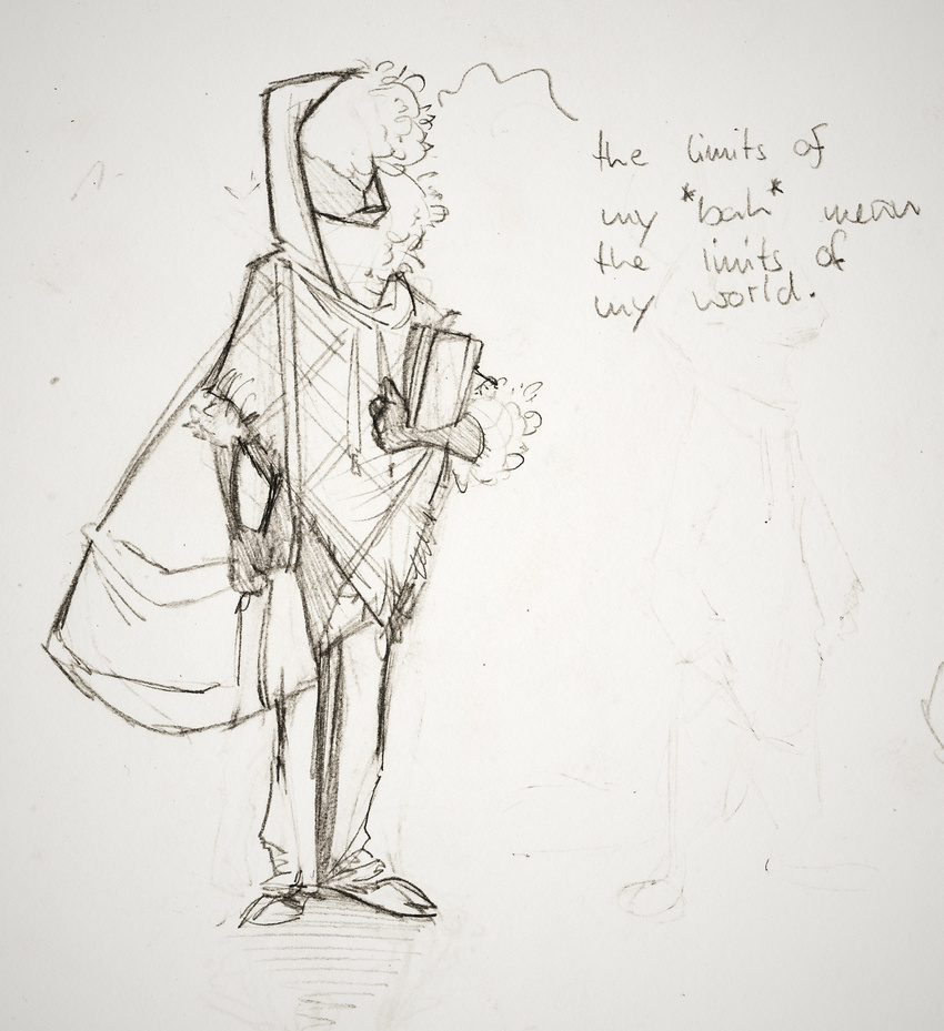 2017 anthro bag barefoot black_and_white book camelid clothed clothing dialogue disney english_text fan_character holding_book holding_object hood llama male mammal monochrome monoflax poncho simple_background sketch solo text traditional_media_(artwork) white_background wool zootopia