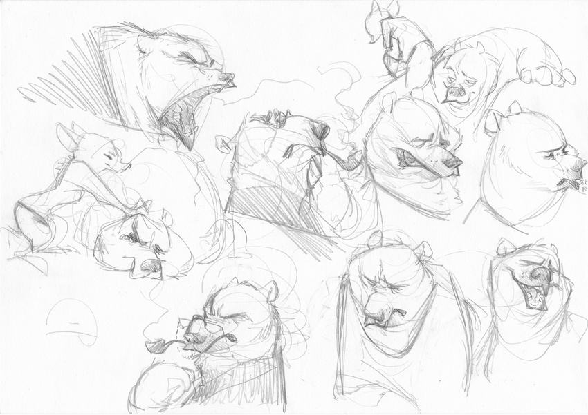 2017 anthro arctic_fox arctic_fox_masseuse_(zootopia) bear black_and_white canine clothed clothing disney duo eyewear fan_character female fox glasses male mammal monochrome monoflax polar_bear simple_background sketch sketch_page smoking smoking_pipe traditional_media_(artwork) white_background zootopia