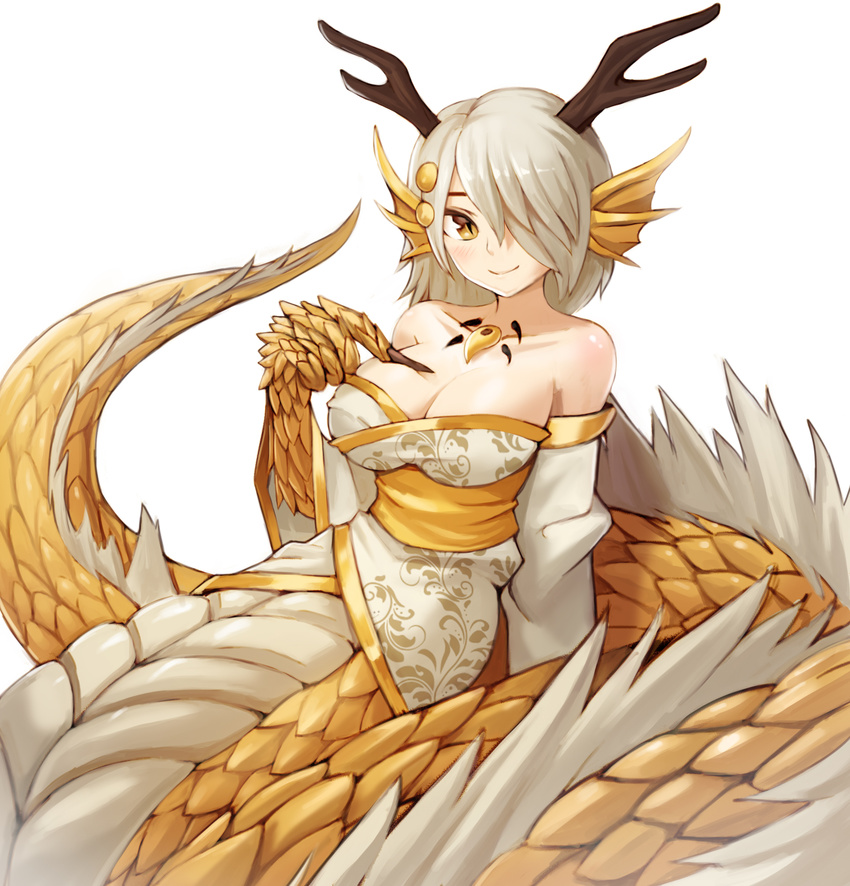 bare_shoulders breasts claws cleavage collarbone dragon_girl grey_hair hair_over_one_eye head_fins highres horns japanese_clothes kimono lamia large_breasts looking_at_viewer magatama monster_girl monster_girl_encyclopedia obi off_shoulder paws ryuu_(monster_girl_encyclopedia) sash scales short_hair simple_background slit_pupils smile solo sookmo white_background yellow_eyes