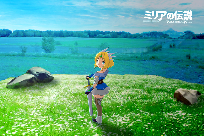 1girl blonde_hair blue_eyes camel_(dansen) crossover female link_(cosplay) looking_back milia milia_wars outdoors parody skirt solo sword the_legend_of_zelda the_legend_of_zelda:_breath_of_the_wild weapon