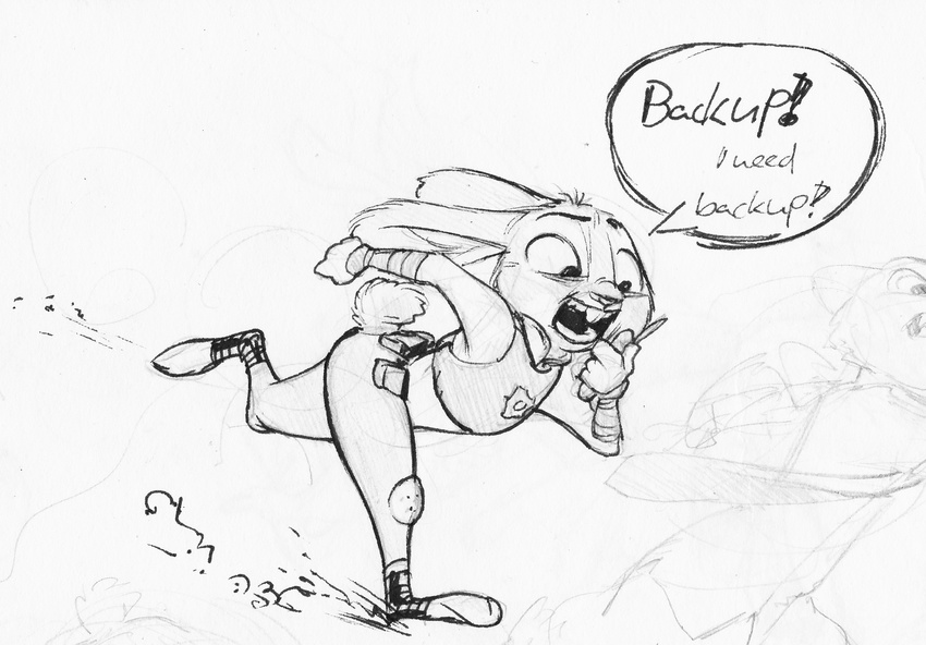 2017 anthro black_and_white buckteeth bulletproof_vest clothed clothing dialogue disney duo english_text female judy_hopps lagomorph male mammal monochrome monoflax police_uniform rabbit running simple_background sketch solo_focus teeth text traditional_media_(artwork) uniform walkie_talkie white_background zootopia