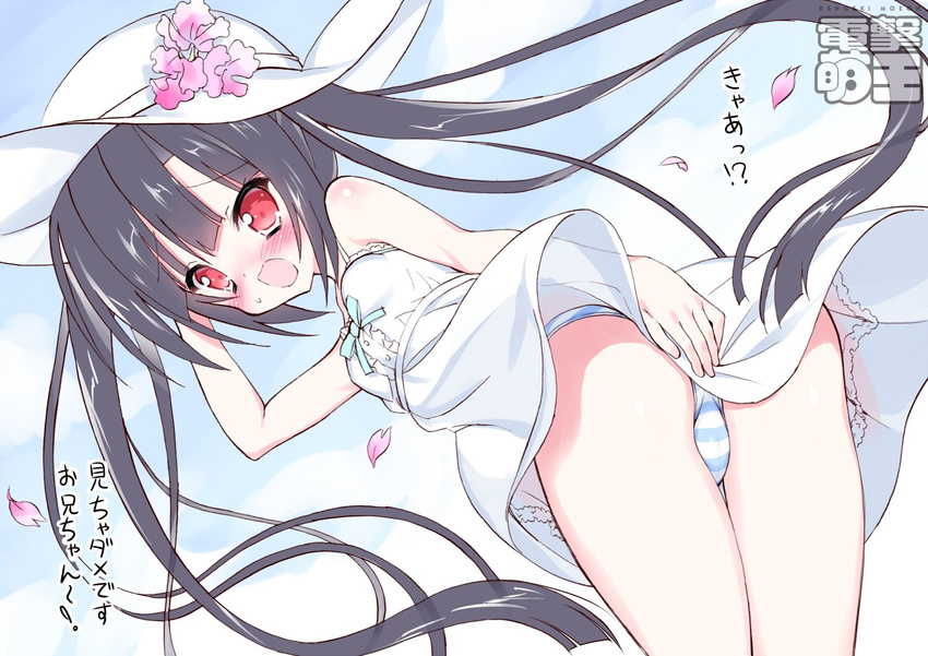 ass black_hair blush check_translation cherry_blossoms covering covering_ass dengeki_moeou dokidoki_sister_aoi-chan dress dress_tug flower from_behind hand_on_headwear hat hat_flower kohinata_aoi_(dokidoki_sister_aoi-chan) leaning_forward legs long_hair looking_back open_mouth panties petals red_eyes short_dress sleeveless sleeveless_dress solo striped striped_panties sun_hat sundress surprised takahashi_tetsuya thighs translation_request twintails underwear very_long_hair watermark white_dress wind wind_lift