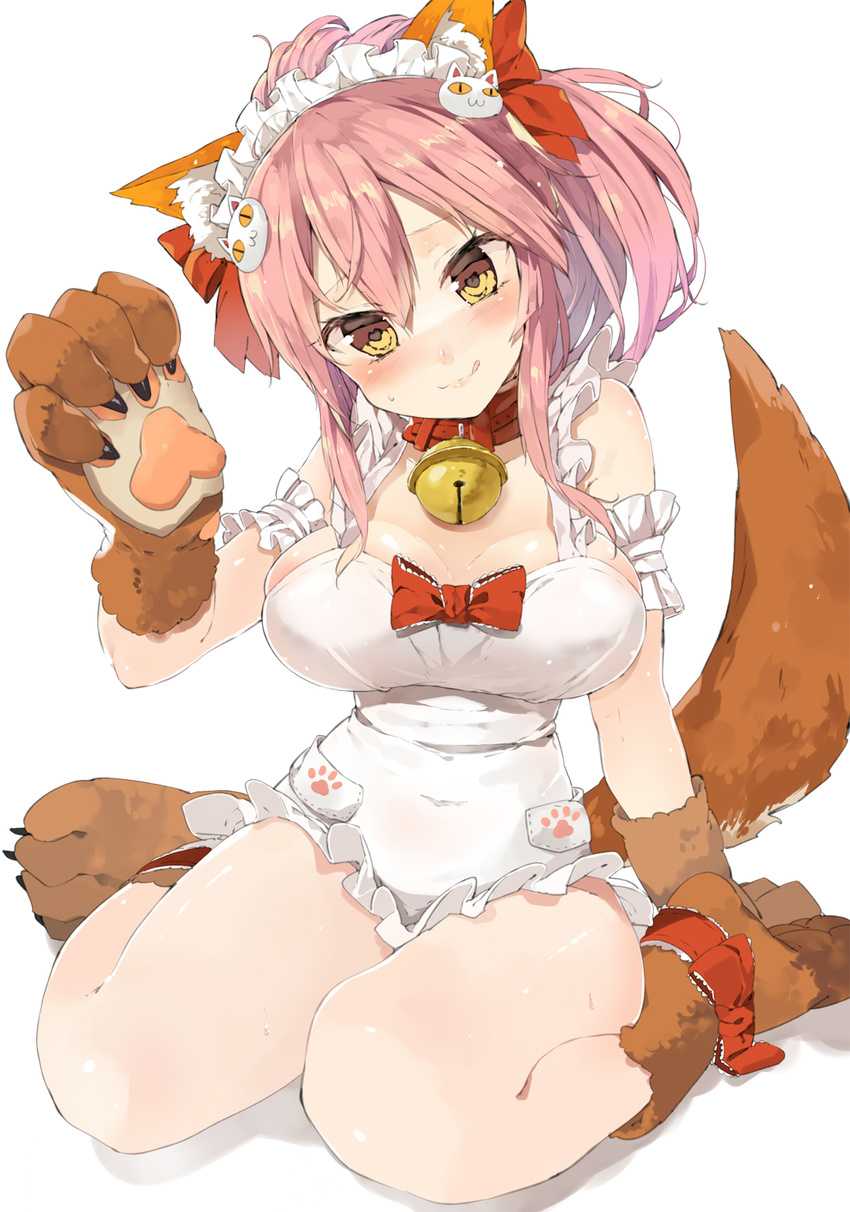 :q animal_ears apron arm_support bare_shoulders bell blush bow breasts brown_eyes closed_mouth collar commentary_request fake_animal_ears fate/grand_order fate_(series) fox_tail full_body hair_between_eyes hair_bow hair_ornament head_tilt heart heart-shaped_pupils highres koba large_breasts legs licking_lips looking_at_viewer maid_headdress naked_apron naughty_face paw_print paws pink_hair simple_background sitting smile solo symbol-shaped_pupils tail tamamo_(fate)_(all) tamamo_cat_(fate) thighs tongue tongue_out wariza white_background