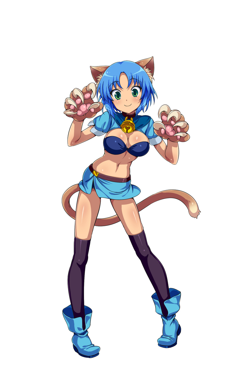 absurdres animal_ears bell black_legwear blue_hair cat_ears cat_tail claws collar full_body gloves green_eyes highres jingle_bell ket_sea looking_at_viewer official_art paw_gloves paws short_hair short_sleeves simple_background skirt smile solo tail thighhighs waguruma! white_background