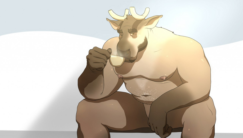 beverage cervine coffee forgeroo looking_at_viewer male mammal moose nude sitting slightly_chubby solo solo_focus