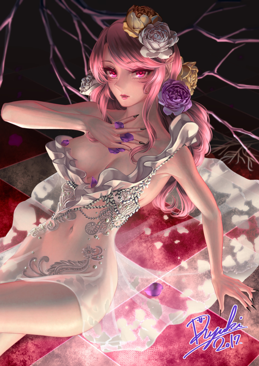arm_support bangs black_nails branch breasts checkered checkered_floor cleavage collarbone dress fangs fingernails flower hair_flower hair_ornament highres large_breasts long_fingernails long_hair looking_at_viewer nail_polish navel original parted_lips petals pink_hair purple_flower purple_rose red_eyes rose rose_petals ryuki@maguro-ex see-through sharp_fingernails sidelocks signature sitting solo swept_bangs wavy_hair white_dress white_flower white_rose yellow_flower yellow_rose