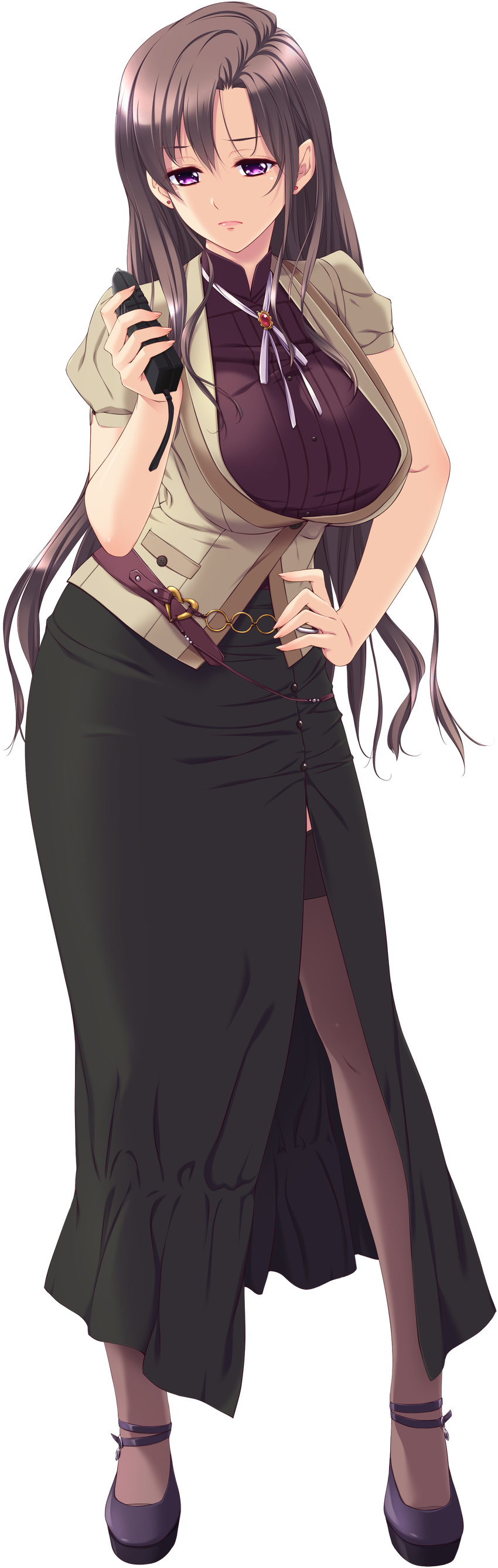 absurdres bangs belt blazer bolo_tie bored breasts brown_hair contrapposto earrings frills full_body hand_on_hip highres jacket jewelry large_breasts long_hair long_skirt looking_at_viewer puffy_short_sleeves puffy_sleeves purple_eyes ryuudouji_shimon_no_inbou ryuuzaki_sayaka short_sleeves side_slit skirt solo standing taser teeta_j thighhighs transparent_background