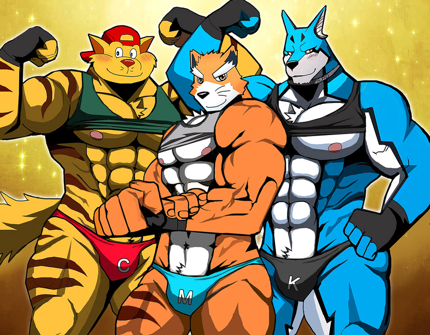 2017 abs anthro baseball_cap bearlovestiger13 biceps big_muscles blue_fur blush bulge canine cat chance_furlong clothed clothing dekamaster dekaranger dog doggy_kruger feline flexing fur hat hi_res kamen_rider light male male/male mammal masato muscular muscular_male nipples orange_fur photo pilot power_rangers power_rangers_spd shirt simple_background solo spd speedo stocky stripes swat_kats swimsuit t-bone tank_top tokusou_sentai_dekaranger underwear white_background white_fur wolf