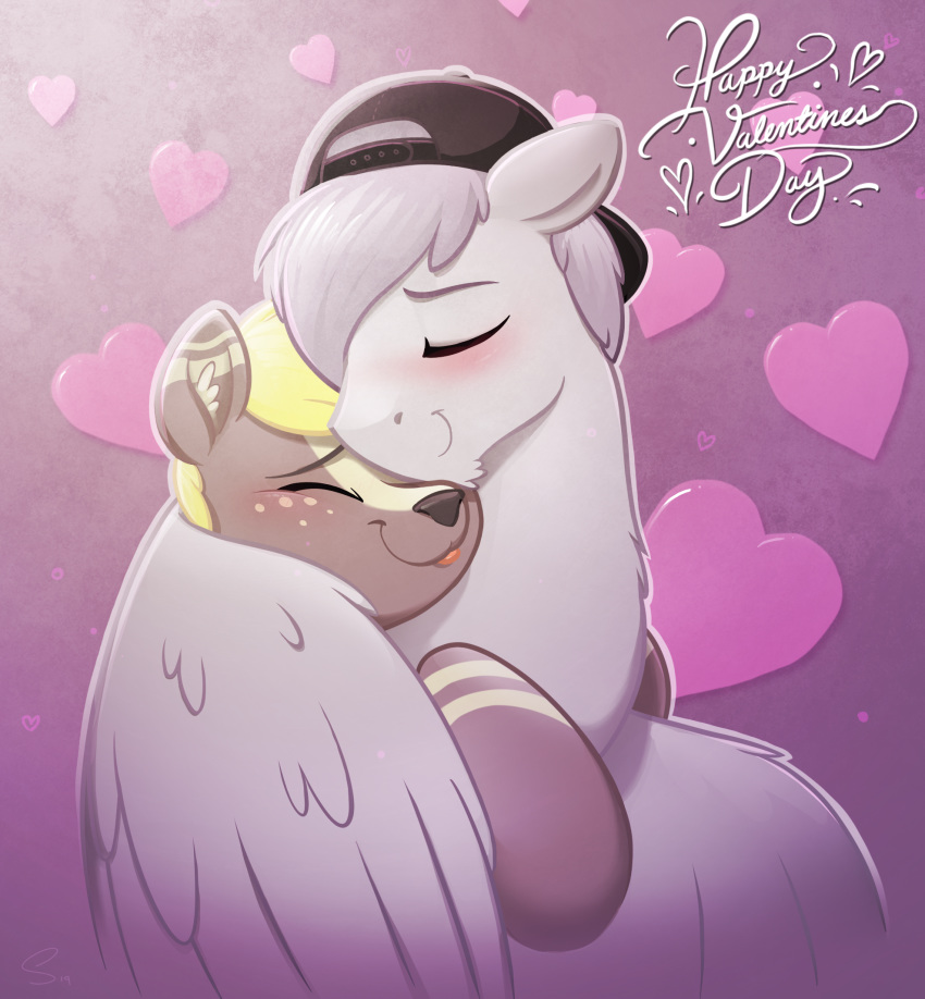 &lt;3 2019 backwards_baseball_cap baseball_cap blush duo english_text equine eyes_closed fan_character feral hair hat hi_res holidays male mammal my_little_pony pegasus selenophile smile text valentine's_day wings