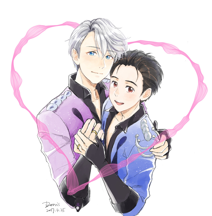 artist_name black_hair blue_eyes brown_eyes dated dorris hair_slicked_back hand_on_another's_shoulder heart highres holding_hands jewelry katsuki_yuuri male_focus multiple_boys open_mouth ring silver_hair smile viktor_nikiforov yaoi yuri!!!_on_ice