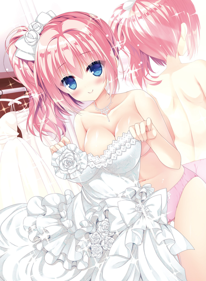 blue_eyes blush bow breasts cameltoe cleavage collarbone cowboy_shot dress dress_removed dutch_angle eyebrows_visible_through_hair hair_bow highres holding_dress jewelry kizuki_erika large_breasts long_hair looking_at_viewer mirror navel necklace original panties pink_hair pink_panties side_ponytail sleeveless sleeveless_dress smile solo sparkle standing strapless strapless_dress topless underboob underwear underwear_only wedding_dress white_bow white_dress