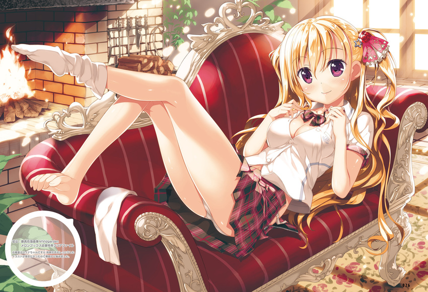 barefoot blonde_hair blush bow bowtie breasts carpet character_request cleavage closed_mouth couch day dengeki_moeou fireplace frilled_bow frills fujima_takuya hair_bow hair_ornament highres indoors kneehighs leg_up legs light_rays long_hair looking_at_viewer lying medium_breasts navel on_couch open_clothes panties pink_bow plaid plaid_skirt plant purple_hair scan shirt short_sleeves single_kneehigh skirt smile solo star star_hair_ornament sunbeam sunlight toes twintails unbuttoned unbuttoned_shirt underwear white_legwear white_panties white_shirt