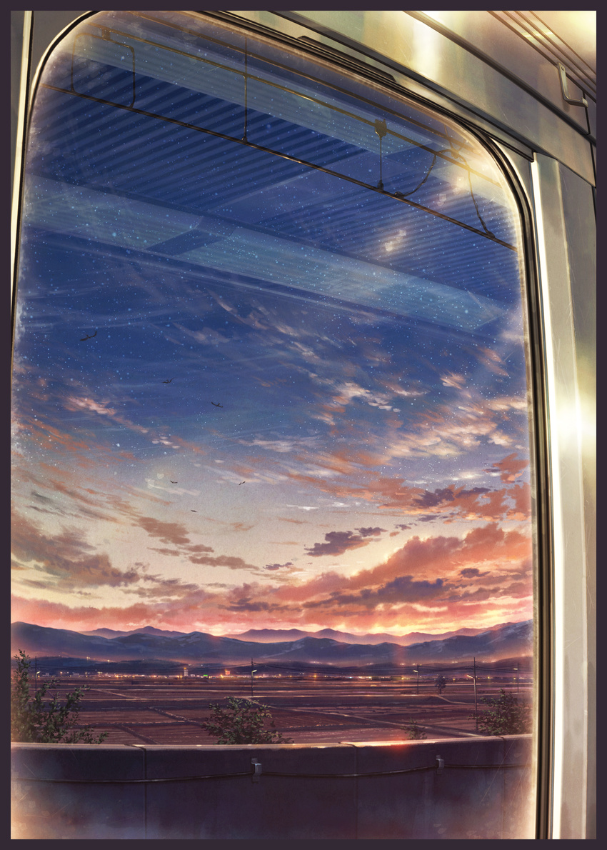 black_border blue_sky border ceiling_light city cityscape cloud cola_(gotouryouta) commentary_request evening field highres lamppost light mountain no_humans original power_lines reflection scenery sky star_(sky) starry_sky sunlight sunset telephone_pole train_interior tree vehicle_interior window