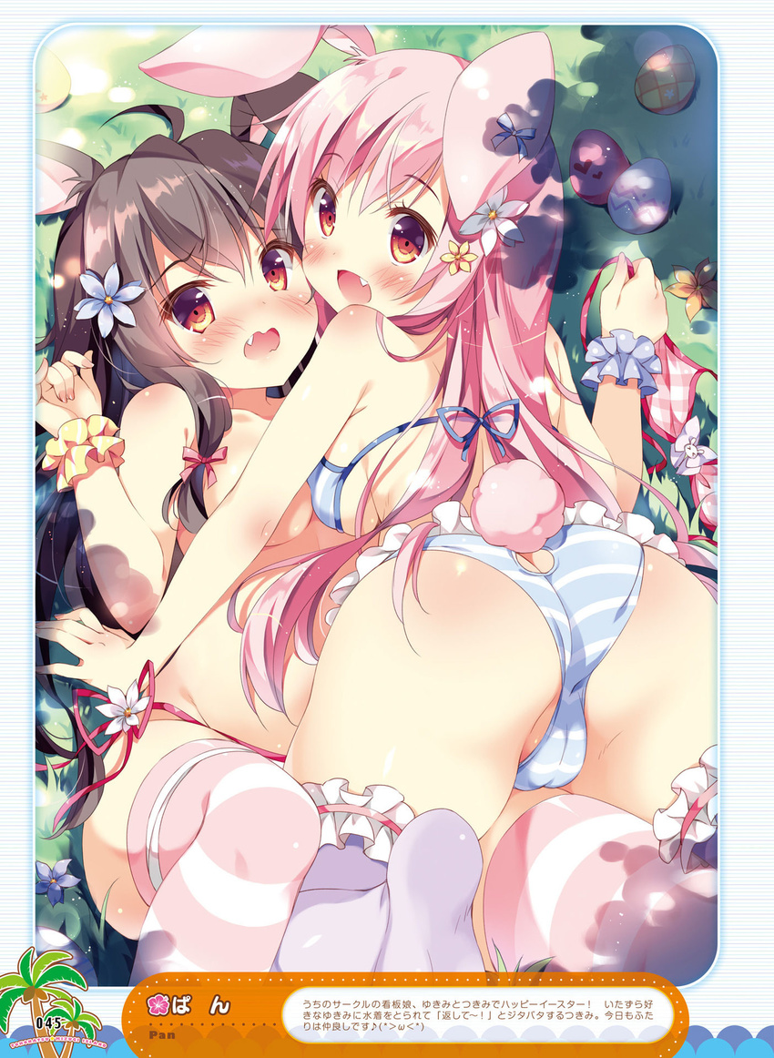 :d ahoge animal_ears artist_name ass ass_cutout asymmetrical_docking bangs bare_shoulders bikini bikini_top_removed blush bow breast_press breasts brown_eyes brown_hair bunny_ears bunny_girl bunny_tail cameltoe collarbone dengeki_moeou egg embarrassed eyebrows_visible_through_hair fang fingernails flower frills from_behind garters girl_on_top grass hair_bow hair_flower hair_ornament highres large_breasts lavender_legwear leaning_on_person long_fingernails long_hair looking_at_viewer looking_back lying medium_breasts multiple_girls nail_polish on_back open_mouth original outdoors pan_(mimi) pink_bow pink_nails scan scrunchie side-tie_bikini sideboob sidelocks smile striped striped_bikini striped_legwear swimsuit tail take_your_pick thighhighs topless underboob wrist_scrunchie