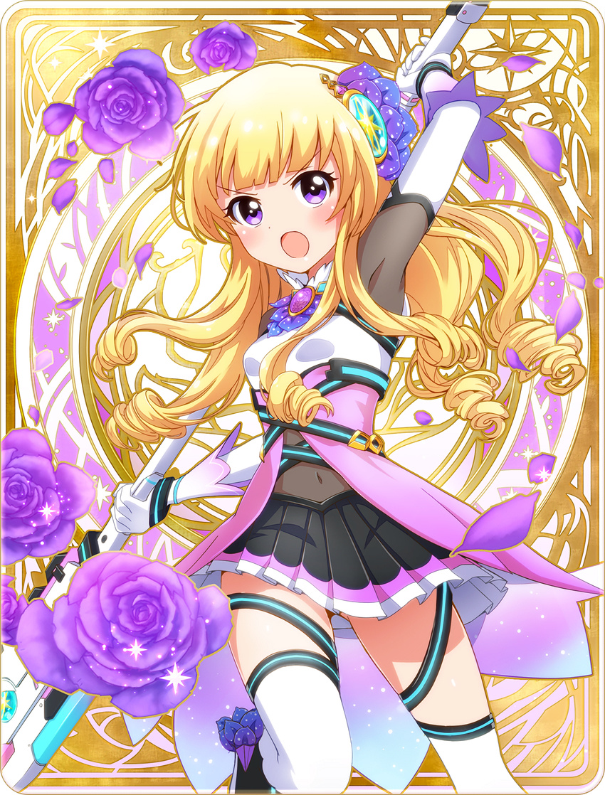 arm_up artist_request battle_girl_high_school blonde_hair breasts curly_hair flower gloves hair_ornament highres long_hair looking_at_viewer navel official_art open_mouth petals purple_eyes sendouin_kaede small_breasts solo thighhighs weapon