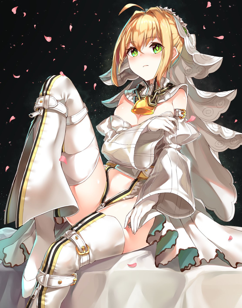 ahoge arm_strap bangs bare_shoulders bed belt belt_buckle black_background blonde_hair blush breasts bridal_veil buckle chain cleavage closed_mouth detached_collar detached_sleeves embarrassed eyebrows_visible_through_hair fate_(series) flower flower_wreath from_side frown full-length_zipper gloves green_eyes groin hair_between_eyes hair_intakes head_wreath highres kaerunoko knee_up large_breasts leg_strap leotard light_particles lock looking_at_viewer loose_belt nero_claudius_(bride)_(fate) nero_claudius_(fate)_(all) nose_blush on_bed padlock petals puffy_detached_sleeves puffy_sleeves showgirl_skirt sidelocks simple_background skirt solo strapless strapless_leotard thigh_strap thighhighs tied_hair toeless_legwear unzipped veil white_flower white_gloves white_legwear white_skirt white_sleeves wide_sleeves zipper zipper_pull_tab