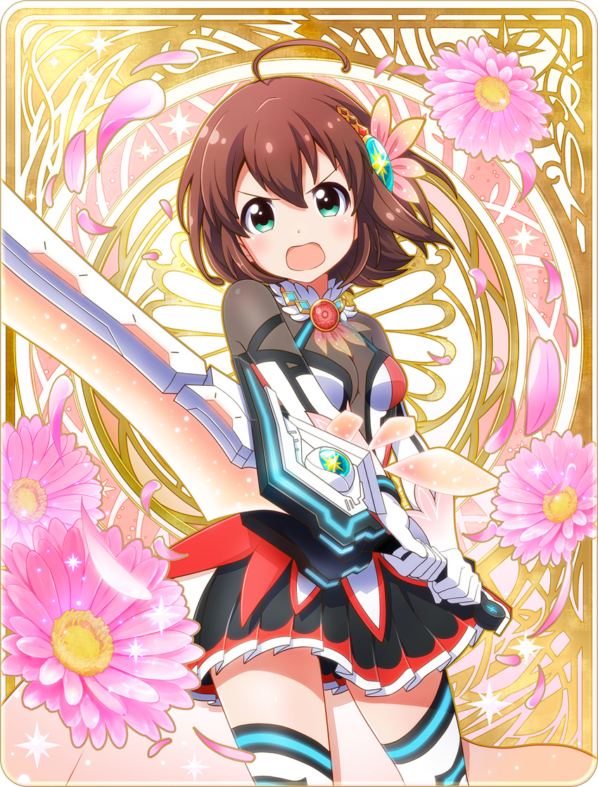 ahoge artist_request battle_girl_high_school breasts brown_hair cleavage flower green_eyes hair_ornament highres hoshitsuki_miki looking_at_viewer official_art open_mouth petals short_hair small_breasts solo sword thighhighs weapon