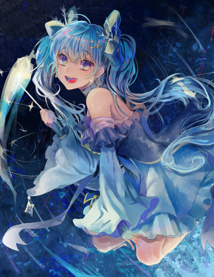 1girl blue_eyes blue_hair bows dress gloves hatsune_miku long_hair looking_at_viewer open_mouth short_dress solo twintails vocaloid