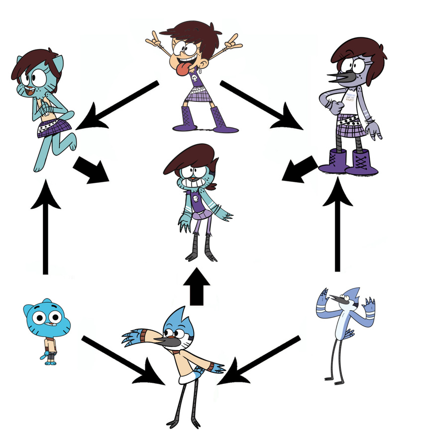 avian bird blue_jay brown_hair cartoon_network cat corvid ear_piercing feline female freckles fusion gumball_watterson hair human luna_loud male mammal mordecai_(regular_show) piercing regular_show the_amazing_world_of_gumball the_loud_house tongue tongue_out unknown_artist