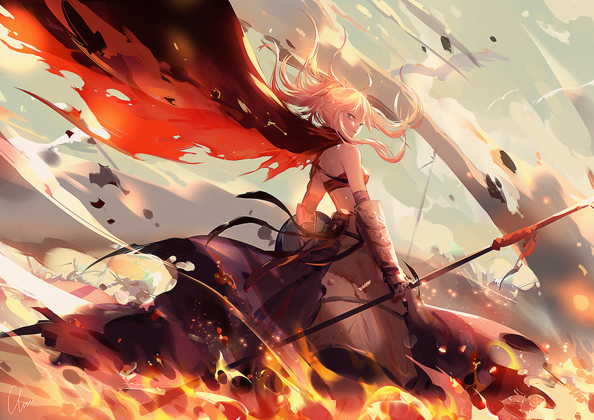 armor bare_shoulders battlefield blonde_hair blue_eyes cape clare_(543) elbow_gloves fate/apocrypha fate/grand_order fate_(series) fire gauntlets gloves long_hair looking_at_viewer mordred_(fate) mordred_(fate)_(all) solo_focus strapless tubetop weapon wind