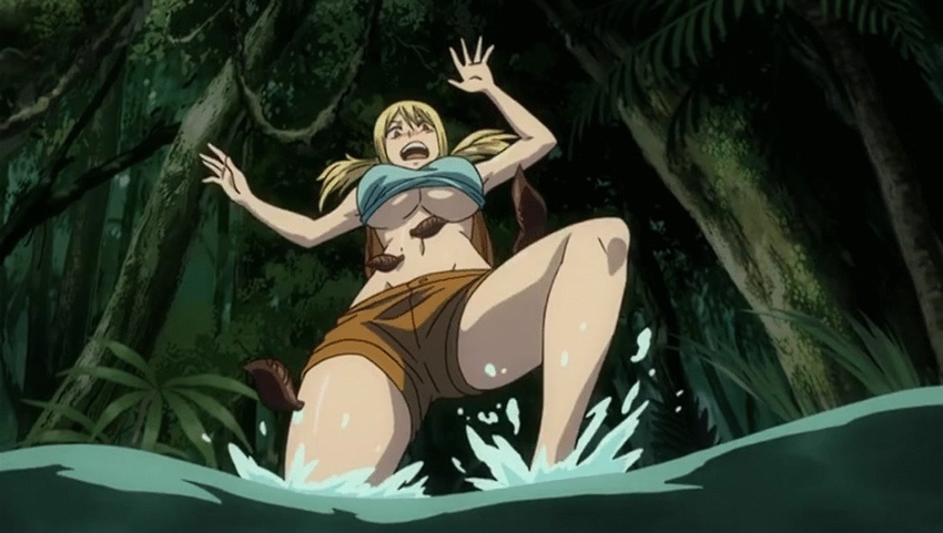 1girl animated animated_gif blonde_hair breasts fairy_tail large_breasts leech lucy_heartfilia monster underboob water