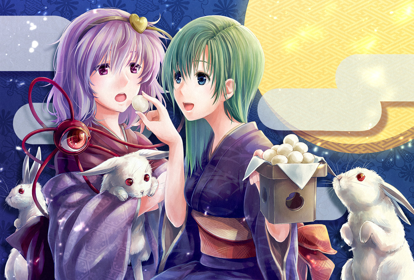 alternate_costume asymmetrical_hair bangs bunny commentary_request dango eyeball feeding food full_moon green_eyes green_hair hairband heart japanese_clothes kimono kitsune_maru komeiji_satori long_sleeves mochi moon moon_rabbit multiple_girls obi purple_eyes purple_hair sash shiki_eiki third_eye touhou tsukimi_dango wagashi wide_sleeves