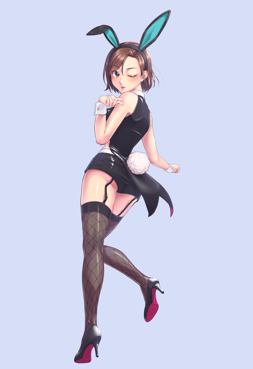 absurdres animal_ears ass bare_shoulders black_footwear black_legwear blown_kiss blue_background breasts brown_eyes brown_hair bunny_ears bunny_girl bunny_tail coattails detached_collar fake_animal_ears fishnets from_behind full_body garter_straps hairband high_heels highres idolmaster idolmaster_cinderella_girls looking_at_viewer looking_back medium_breasts mizuki_seira mo_(quemo5124) one_eye_closed pumps shiny shiny_clothes shoe_soles shoes short_hair short_shorts shorts simple_background sleeveless solo standing standing_on_one_leg tail thighhighs wrist_cuffs