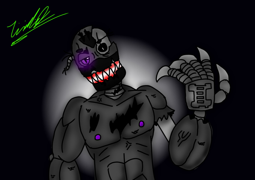 abs black_scales bloody_teeth damaged dream enderman endermantronic endertronic endo_arm exposed_endoskeleten five_nights_at_freddy's fnaf4 fnaf_oc grey_scales hole_in_neck holes_in_chest linkie linkielink looking_at_user minecraft muscular nightmare nipples nude pecks purple_eyes raised_arm scales sharp_teeth simple_background teeth video_games