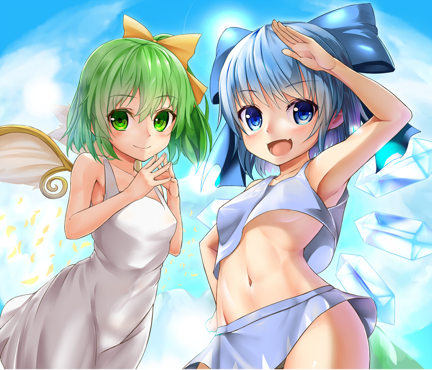 :d areola_slip areolae arm_up armpits bangs bare_arms bare_shoulders blue_eyes blue_hair blue_sky bow breasts cirno cloud cloudy_sky collarbone cowboy_shot crop_top crop_top_overhang daiyousei day dress eyebrows_visible_through_hair fairy_wings fang green_hair hair_between_eyes hair_bow hand_on_hip hands_together hands_up highres ice ice_wings long_hair looking_at_viewer midriff miniskirt multiple_girls navel open_mouth own_hands_together petals shiron_(e1na1e2lu2ne3ru3) short_hair side_ponytail skirt sky sleeveless small_breasts smile standing stomach sundress touhou upshirt wings