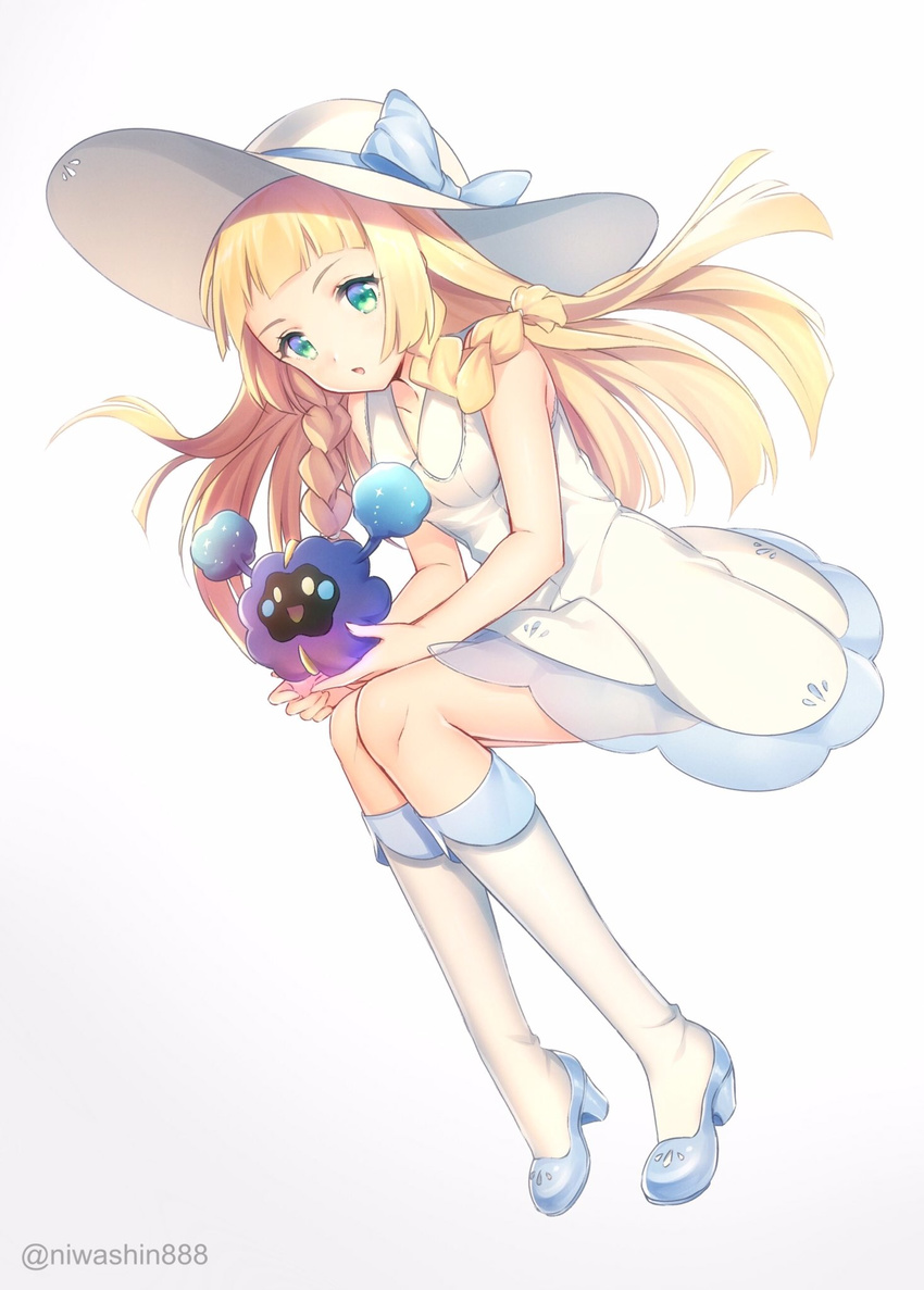 :d :o bangs bare_arms bare_shoulders blue_bow blue_footwear blunt_bangs blush bow braid breasts collarbone cosmog dress dutch_angle full_body gen_7_pokemon green_eyes hat hat_bow highres holding invisible_chair kneehighs leaning_forward legendary_pokemon lillie_(pokemon) long_hair looking_at_viewer niwashi_(yuyu) open_mouth pokemon pokemon_(creature) pokemon_(game) pokemon_sm see-through shoes simple_background sitting sleeveless sleeveless_dress small_breasts smile straight_hair tareme twin_braids twitter_username very_long_hair white_dress white_hat white_legwear yellow_eyes